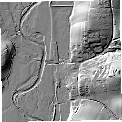 Shaded relief map of the ground around EX100AA, computed from Environment Agency LiDAR. The ground here sits at about 29 m above sea level and falls 50 m across the surrounding 800 m. Surface water reaching this point runs off ground lying to the east, 46.6 m higher.