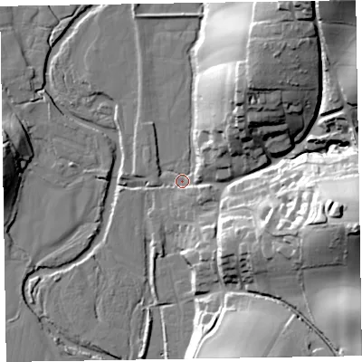 Shaded relief map of the ground around EX100AB, computed from Environment Agency LiDAR. The ground here sits at about 30 m above sea level and falls 53 m across the surrounding 800 m. Surface water reaching this point runs off ground lying to the east-south-east, 48.5 m higher.