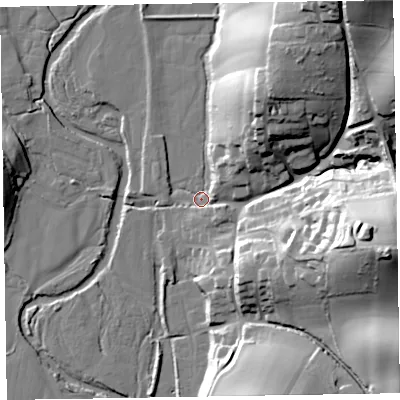 Shaded relief map of the ground around EX100AE, computed from Environment Agency LiDAR. The ground here sits at about 30 m above sea level and falls 53 m across the surrounding 800 m. Surface water reaching this point runs off ground lying to the east-south-east, 48.3 m higher.