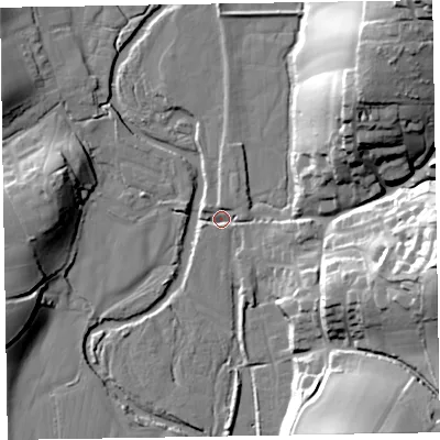 Shaded relief map of the ground around EX100AF, computed from Environment Agency LiDAR. The ground here sits at about 28 m above sea level and falls 43 m across the surrounding 800 m. Surface water reaching this point runs off ground lying to the east-south-east, 36.6 m higher.