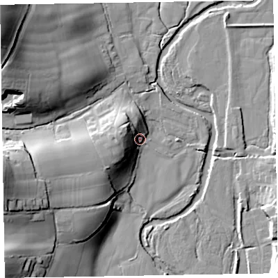 Shaded relief map of the ground around EX100AG, computed from Environment Agency LiDAR. The ground here sits at about 31 m above sea level and falls 39 m across the surrounding 800 m. Surface water reaching this point runs off ground lying to the west-north-west, 13.2 m higher.
