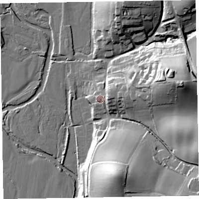 Shaded relief map of the ground around EX100AL, computed from Environment Agency LiDAR. The ground here sits at about 37 m above sea level and falls 53 m across the surrounding 800 m. Surface water reaching this point runs off ground lying to the east-north-east, 10.2 m higher.