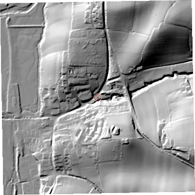 Shaded relief map of the ground around EX100AR, computed from Environment Agency LiDAR. The ground here sits at about 37 m above sea level and falls 70 m across the surrounding 800 m. Surface water reaching this point runs off ground lying to the north-east, 60.7 m higher.