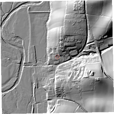 Shaded relief map of the ground around EX100AW, computed from Environment Agency LiDAR. The ground here sits at about 36 m above sea level and falls 57 m across the surrounding 800 m. Surface water reaching this point runs off ground lying to the north-north-east, 13.9 m higher.