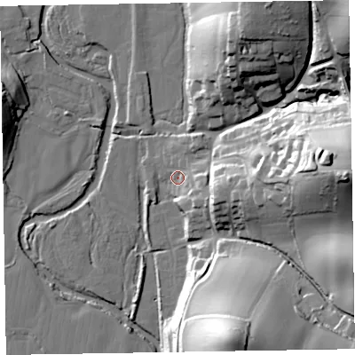 Shaded relief map of the ground around EX100AY, computed from Environment Agency LiDAR. The ground here sits at about 31 m above sea level and falls 53 m across the surrounding 800 m. Surface water reaching this point runs off ground lying to the east-south-east, 14.9 m higher.