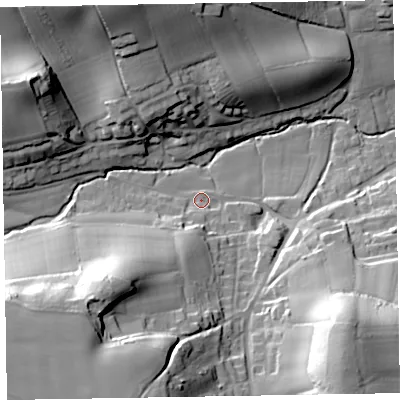 Shaded relief map of the ground around EX100BH, computed from Environment Agency LiDAR. The ground here sits at about 41 m above sea level and falls 44 m across the surrounding 800 m. Surface water reaching this point runs off ground lying to the south-south-west, 10.9 m higher.