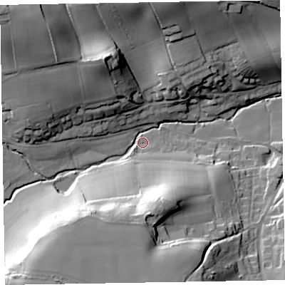 Shaded relief map of the ground around EX100BJ, computed from Environment Agency LiDAR. The ground here sits at about 43 m above sea level and falls 42 m across the surrounding 800 m. Surface water reaching this point runs off ground lying to the south-west, 35.8 m higher.