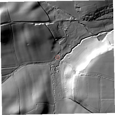 Shaded relief map of the ground around EX100BN, computed from Environment Agency LiDAR. The ground here sits at about 53 m above sea level and falls 40 m across the surrounding 800 m. Surface water reaching this point runs off ground lying to the west-north-west, 31.5 m higher.