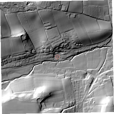 Shaded relief map of the ground around EX100BP, computed from Environment Agency LiDAR. The ground here sits at about 41 m above sea level and falls 43 m across the surrounding 800 m. Surface water reaching this point runs off ground lying to the north-north-west, 31.6 m higher.