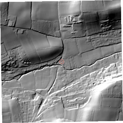 Shaded relief map of the ground around EX100BU, computed from Environment Agency LiDAR. The ground here sits at about 36 m above sea level and falls 46 m across the surrounding 800 m. Surface water reaching this point runs off ground lying to the north-west, 37.8 m higher.