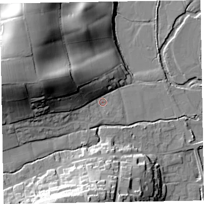 Shaded relief map of the ground around EX100DJ, computed from Environment Agency LiDAR. The ground here sits at about 27 m above sea level and falls 46 m across the surrounding 800 m. Surface water reaching this point runs off ground lying to the west-north-west, 31.3 m higher.