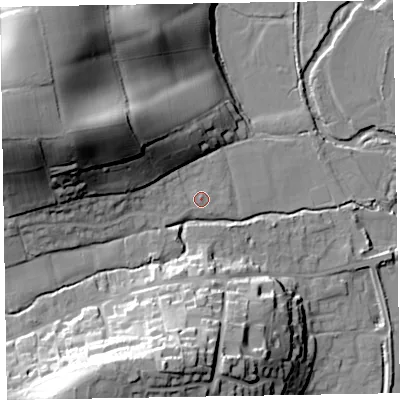 Shaded relief map of the ground around EX100DL, computed from Environment Agency LiDAR. The ground here sits at about 28 m above sea level and falls 46 m across the surrounding 800 m. Surface water reaching this point runs off ground lying to the west-north-west, 37.5 m higher.