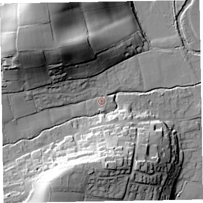Shaded relief map of the ground around EX100DN, computed from Environment Agency LiDAR. The ground here sits at about 29 m above sea level and falls 47 m across the surrounding 800 m. Surface water reaching this point runs off ground lying to the north-west, 36.6 m higher.