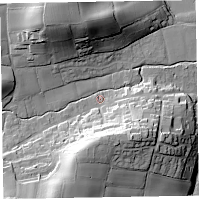 Shaded relief map of the ground around EX100DP, computed from Environment Agency LiDAR. The ground here sits at about 31 m above sea level and falls 47 m across the surrounding 800 m. Surface water reaching this point runs off ground lying to the south-south-west, 29.0 m higher.