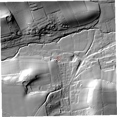 Shaded relief map of the ground around EX100DQ, computed from Environment Agency LiDAR. The ground here sits at about 42 m above sea level and falls 44 m across the surrounding 800 m. Surface water reaching this point runs off ground lying to the south-west, 8.8 m higher.
