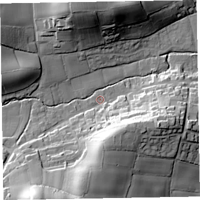 Shaded relief map of the ground around EX100DS, computed from Environment Agency LiDAR. The ground here sits at about 33 m above sea level and falls 48 m across the surrounding 800 m. Surface water reaching this point runs off ground lying to the south, 27.5 m higher.