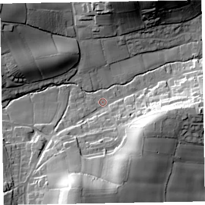 Shaded relief map of the ground around EX100DU, computed from Environment Agency LiDAR. The ground here sits at about 36 m above sea level and falls 46 m across the surrounding 800 m. Surface water reaching this point runs off ground lying to the south-south-west, 38.7 m higher.