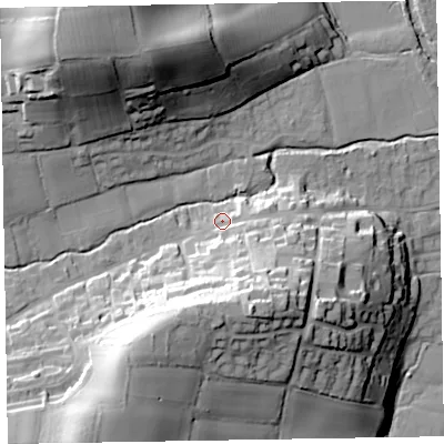 Shaded relief map of the ground around EX100DW, computed from Environment Agency LiDAR. The ground here sits at about 33 m above sea level and falls 47 m across the surrounding 800 m. Surface water reaching this point runs off ground lying to the south-south-east, 26.8 m higher.