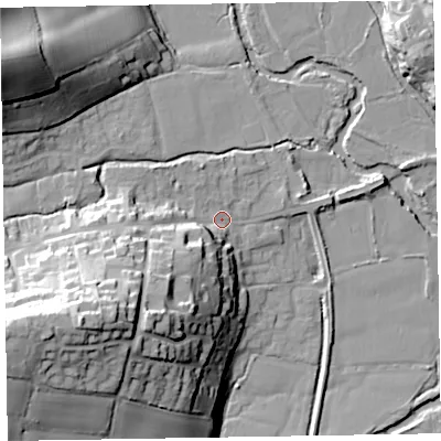 Shaded relief map of the ground around EX100EP, computed from Environment Agency LiDAR. The ground here sits at about 25 m above sea level and falls 41 m across the surrounding 800 m. Surface water reaching this point runs off ground lying to the south-west, 33.5 m higher.