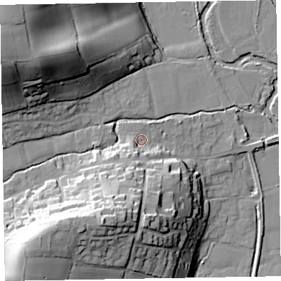 Shaded relief map of the ground around EX100EQ, computed from Environment Agency LiDAR. The ground here sits at about 27 m above sea level and falls 47 m across the surrounding 800 m. Surface water reaching this point runs off ground lying to the south-south-west, 25.2 m higher.