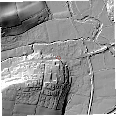 Shaded relief map of the ground around EX100ER, computed from Environment Agency LiDAR. The ground here sits at about 26 m above sea level and falls 43 m across the surrounding 800 m. Surface water reaching this point runs off ground lying to the south-west, 32.1 m higher.