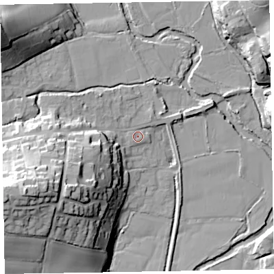 Shaded relief map of the ground around EX100ET, computed from Environment Agency LiDAR. The ground here sits at about 23 m above sea level and falls 41 m across the surrounding 800 m. Surface water reaching this point runs off ground lying to the west-south-west, 34.4 m higher.