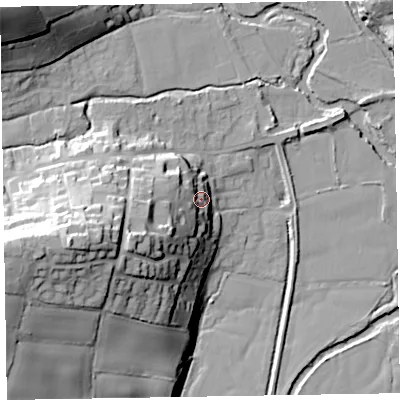 Shaded relief map of the ground around EX100EU, computed from Environment Agency LiDAR. The ground here sits at about 30 m above sea level and falls 41 m across the surrounding 800 m. Surface water reaching this point runs off ground lying to the west-south-west, 16.0 m higher.
