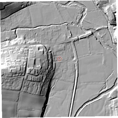 Shaded relief map of the ground around EX100EX, computed from Environment Agency LiDAR. The ground here sits at about 22 m above sea level and falls 41 m across the surrounding 800 m. Surface water reaching this point runs off ground lying to the west, 21.6 m higher.