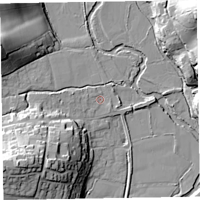 Shaded relief map of the ground around EX100EY, computed from Environment Agency LiDAR. The ground here sits at about 24 m above sea level and falls 41 m across the surrounding 800 m. Surface water reaching this point runs off ground lying to the west-north-west, 1.4 m higher.