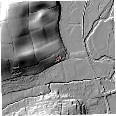 Shaded relief map of the ground around EX100EZ, computed from Environment Agency LiDAR. The ground here sits at about 31 m above sea level and falls 45 m across the surrounding 800 m. Surface water reaching this point runs off ground lying to the west, 25.2 m higher.