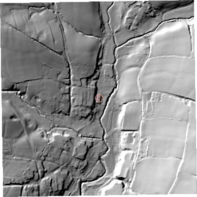 Shaded relief map of the ground around EX100FG, computed from Environment Agency LiDAR. The ground here sits at about 57 m above sea level and falls 62 m across the surrounding 800 m. Surface water reaching this point runs off ground lying to the north-west, 8.9 m higher.