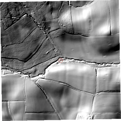 Shaded relief map of the ground around EX100HZ, computed from Environment Agency LiDAR. The ground here sits at about 70 m above sea level and falls 59 m across the surrounding 800 m. Surface water reaching this point runs off ground lying to the north-west, 47.2 m higher.