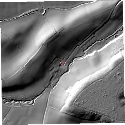 Shaded relief map of the ground around EX100JB, computed from Environment Agency LiDAR. The ground here sits at about 55 m above sea level and falls 41 m across the surrounding 800 m. Surface water reaching this point runs off ground lying to the north-west, 22.1 m higher.