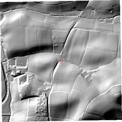 Shaded relief map of the ground around EX100JX, computed from Environment Agency LiDAR. The ground here sits at about 55 m above sea level and falls 79 m across the surrounding 800 m. Surface water reaching this point runs off ground lying to the east-south-east, 53.0 m higher.