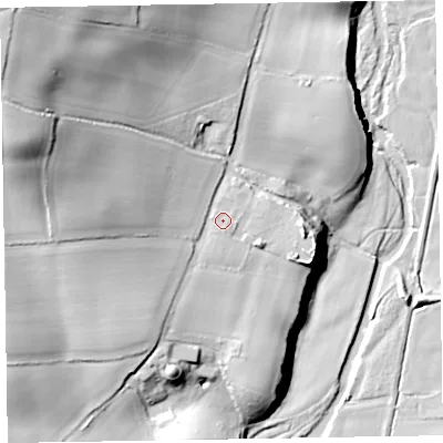 Shaded relief map of the ground around EX100JY, computed from Environment Agency LiDAR. The ground here sits at about 34 m above sea level and falls 56 m across the surrounding 800 m. Surface water reaching this point runs off ground lying to the west-north-west, 18.3 m higher.