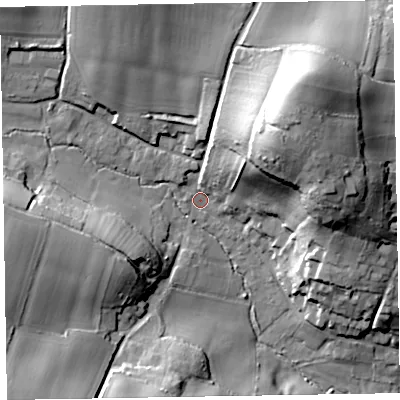 Shaded relief map of the ground around EX100LA, computed from Environment Agency LiDAR. The ground here sits at about 26 m above sea level and falls 45 m across the surrounding 800 m. Surface water reaching this point runs off ground lying to the north-east, 37.0 m higher.