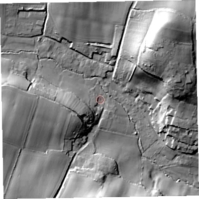 Shaded relief map of the ground around EX100LD, computed from Environment Agency LiDAR. The ground here sits at about 26 m above sea level and falls 44 m across the surrounding 800 m. Surface water reaching this point runs off ground lying to the south-west, 22.1 m higher.