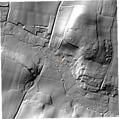 Shaded relief map of the ground around EX100LG, computed from Environment Agency LiDAR. The ground here sits at about 24 m above sea level and falls 46 m across the surrounding 800 m. Surface water reaching this point runs off ground lying to the north-north-east, 37.9 m higher.