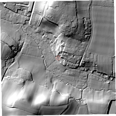 Shaded relief map of the ground around EX100LH, computed from Environment Agency LiDAR. The ground here sits at about 25 m above sea level and falls 48 m across the surrounding 800 m. Surface water reaching this point runs off ground lying to the north, 38.9 m higher.