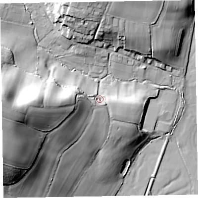 Shaded relief map of the ground around EX100LJ, computed from Environment Agency LiDAR. The ground here sits at about 25 m above sea level and falls 51 m across the surrounding 800 m. Surface water reaching this point runs off ground lying to the west, 21.7 m higher.