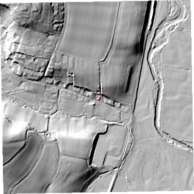 Shaded relief map of the ground around EX100LW, computed from Environment Agency LiDAR. The ground here sits at about 18 m above sea level and falls 48 m across the surrounding 800 m. Surface water reaching this point runs off ground lying to the north-west, 17.2 m higher.