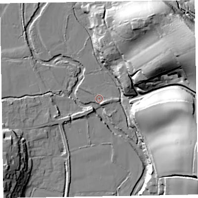 Shaded relief map of the ground around EX100NG, computed from Environment Agency LiDAR. The ground here sits at about 23 m above sea level and falls 52 m across the surrounding 800 m. Surface water reaching this point runs off ground lying to the south-south-east, 2.4 m higher.