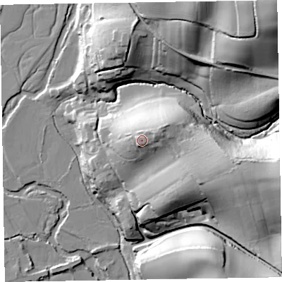 Shaded relief map of the ground around EX100NJ, computed from Environment Agency LiDAR. The ground here sits at about 56 m above sea level and falls 77 m across the surrounding 800 m. Surface water reaching this point runs off ground lying to the east-north-east, 5.1 m higher.