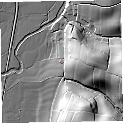 Shaded relief map of the ground around EX100NL, computed from Environment Agency LiDAR. The ground here sits at about 30 m above sea level and falls 79 m across the surrounding 800 m. Surface water reaching this point runs off ground lying to the east, 56.9 m higher.