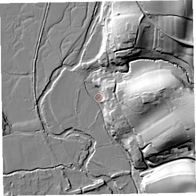Shaded relief map of the ground around EX100NQ, computed from Environment Agency LiDAR. The ground here sits at about 24 m above sea level and falls 55 m across the surrounding 800 m. Surface water reaching this point runs off ground lying to the north-east, 13.9 m higher.