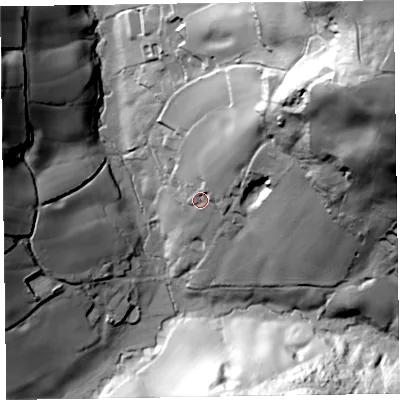 Shaded relief map of the ground around EX100PR, computed from Environment Agency LiDAR. The ground here sits at about 80 m above sea level and falls 126 m across the surrounding 800 m. Surface water reaching this point runs off ground lying to the north-east, 32.4 m higher.