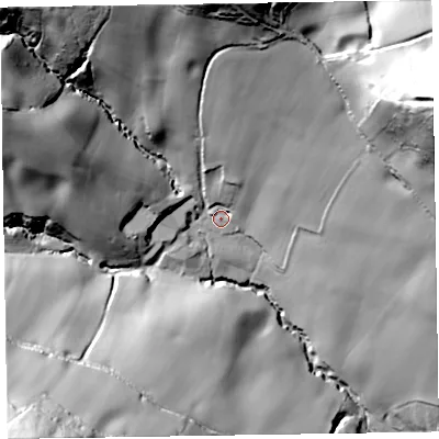 Shaded relief map of the ground around EX100QB, computed from Environment Agency LiDAR. The ground here sits at about 104 m above sea level and falls 109 m across the surrounding 800 m. Surface water reaching this point runs off ground lying to the north, 78.9 m higher.