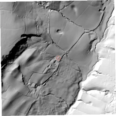 Shaded relief map of the ground around EX100QN, computed from Environment Agency LiDAR. The ground here sits at about 133 m above sea level and falls 137 m across the surrounding 800 m. Surface water reaching this point runs off ground lying to the west-north-west, 92.8 m higher.
