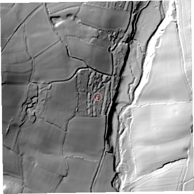 Shaded relief map of the ground around EX100QZ, computed from Environment Agency LiDAR. The ground here sits at about 62 m above sea level and falls 84 m across the surrounding 800 m. Surface water reaching this point runs off ground lying to the west-north-west, 62.5 m higher.