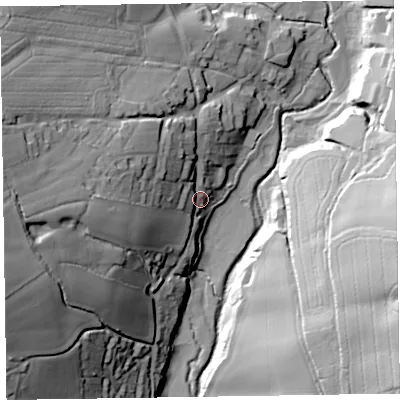 Shaded relief map of the ground around EX100RF, computed from Environment Agency LiDAR. The ground here sits at about 56 m above sea level and falls 56 m across the surrounding 800 m. Surface water reaching this point runs off ground lying to the west, 39.7 m higher.